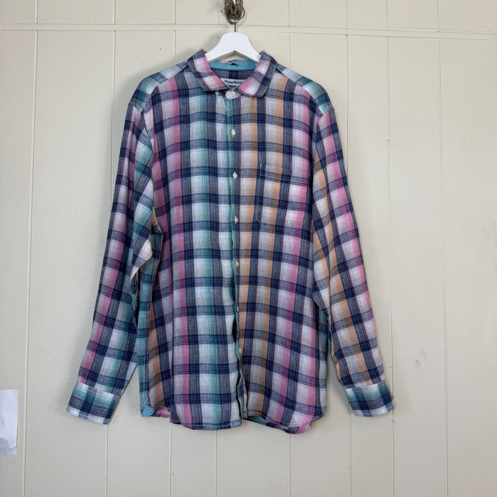 Tommy Bahama Mens Linen Plaid Button Up Shirt Long Sleeve Size L Coastal Preppy